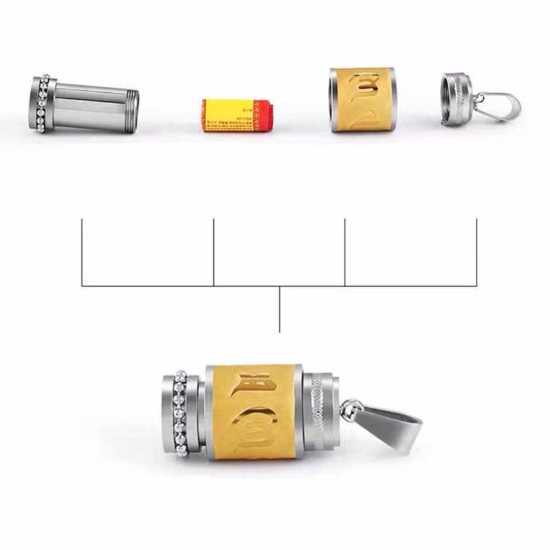 Om Mani Padme Hum Amulet – Disassembled parts, mantra scroll, gold cylinder, steel caps