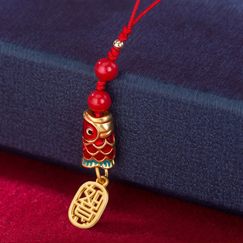 Koi Fish Cinnabar Ruyi Phone Charm – red and gold phone charm with cinnabar koi, ruyi, and lucky knot, wish