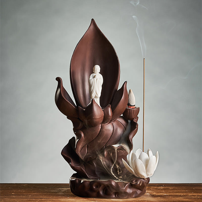 Lotus Buddha Avalokitesvara Purple Clay Incense Burner – paired with bamboo mat, Asian tea ceremony decor