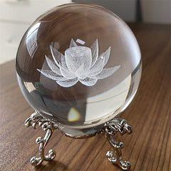 Crystal Dragon Lotus Blessing - Laser etched lotus flower inside crystal ball on antique silver stand, Clarity