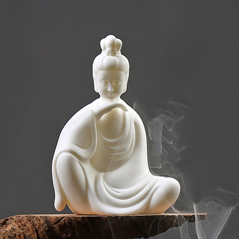 Ceramic LED Bodhisattva Decoration – white female figure, cheek pose, gray studio, wood base, elegant