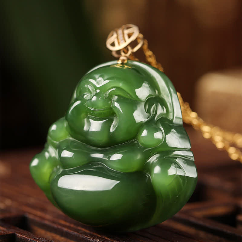 Laughing Buddha Cyan Jade Necklace – full necklace lay flat display view, cyan jade necklace product shot