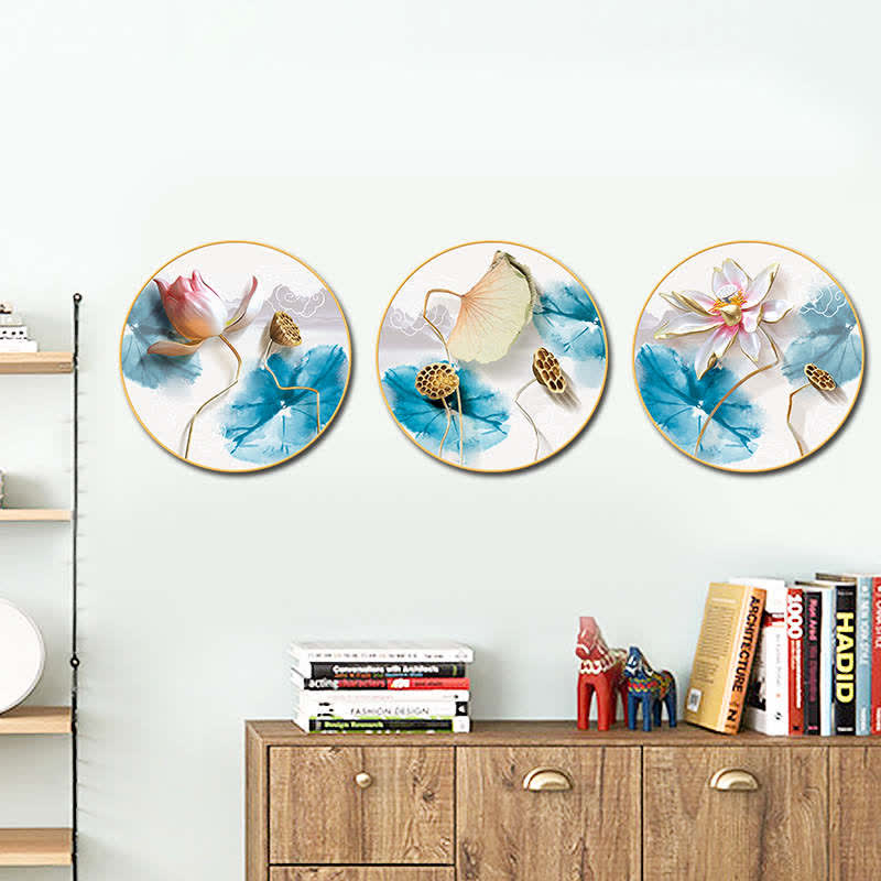 Lotus Wall Art Set – Horizontal triptych above wooden credenza with books, pink blooms and teal leaves, elegant home decor