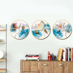 Lotus Wall Art Set – Horizontal triptych above wooden credenza with books, pink blooms and teal leaves, elegant home decor