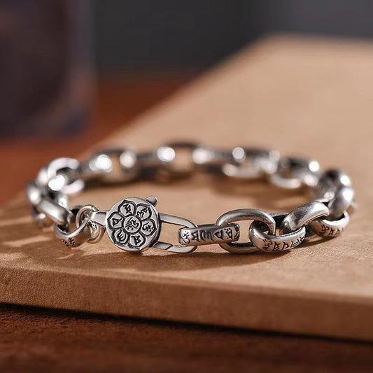 Double Dorje Wisdom Bracelet - Lotus mandala clasp with mantra-engraved links on wood, Tibetan jewelry