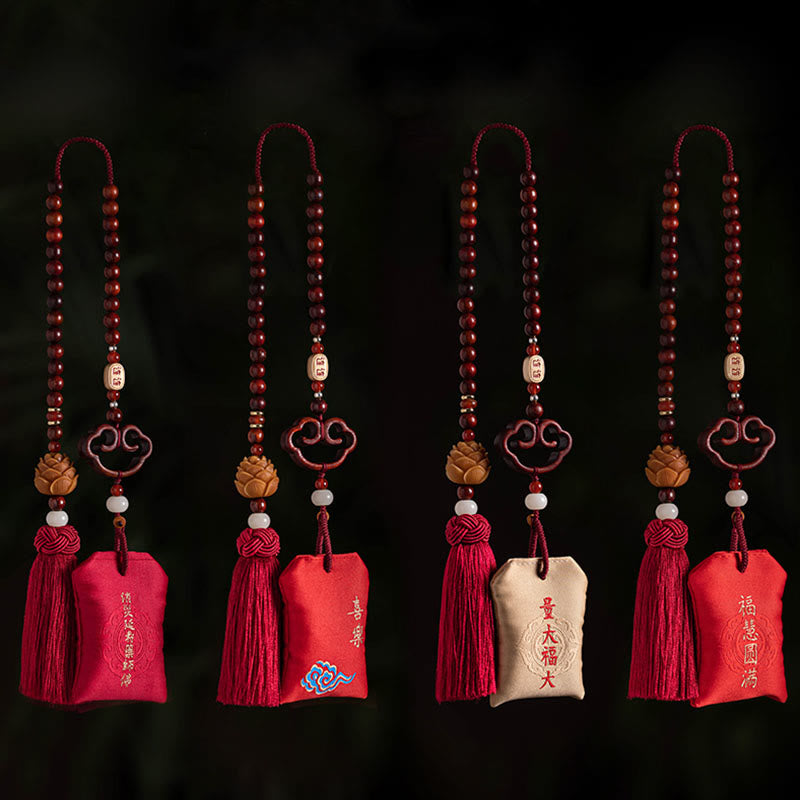 Red Sandalwood Car Hanging - Four Buddhist ornaments with varied embroidered pouches showing auspicious inscriptions