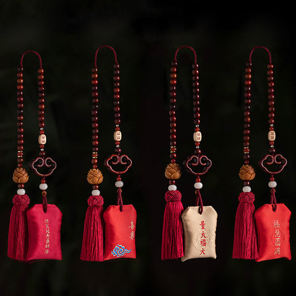Red Sandalwood Car Hanging - Four Buddhist ornaments with varied embroidered pouches showing auspicious inscriptions