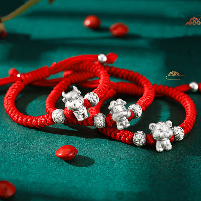 999 Sterling Silver Zodiac Red Rope Kids Bracelet - Three zodiac charm bracelets on red cords: ox, dog, tiger, lucky charm