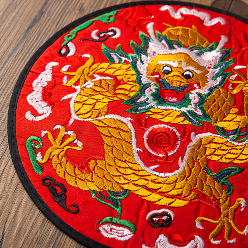 Dragon Embroidery Tea Cup Coaster Mat - crimson red coiled dragon three-quarter angle, cloud patterns, dimensional