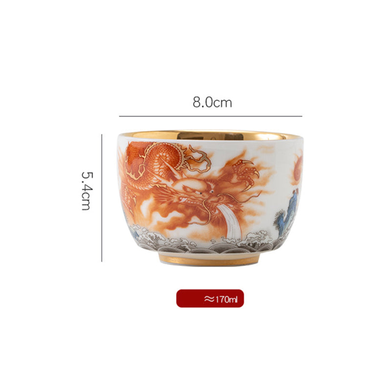 Dragon Phoenix Crane Gilt Ceramic Teacup – red-crowned crane and pine branch with ocean waves, gold interior, traditional Asian