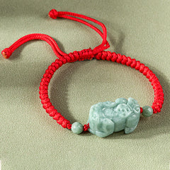 Jade PiXiu Knot Bracelet – Red King Kong knot bracelet with carved jade PiXiu and adjustable cord