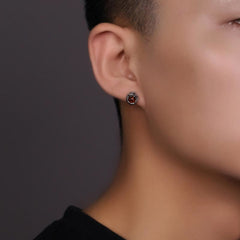 Sterling Silver Amber Dragon Earring – red garnet stud worn on male ear, oxidized bezel, Mens jewelry