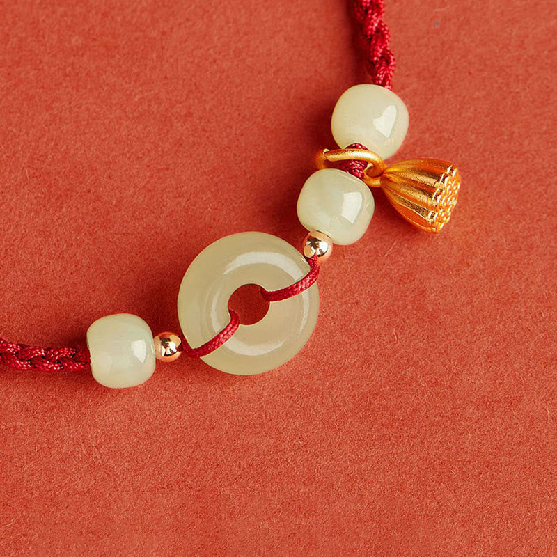 Jade Peace Buckle Lotus Bracelet – diagonal view of jade disc pendant with adjustable knot closure, Auspicious