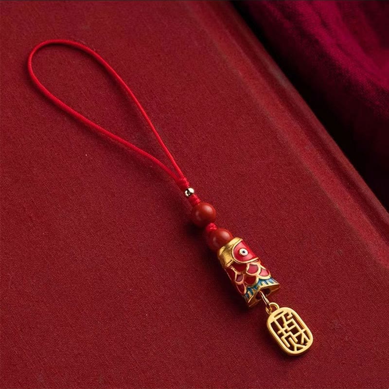 Koi Fish Cinnabar Ruyi Phone Charm – flat lay of complete phone charm set, red cinnabar koi and ruyi pieces