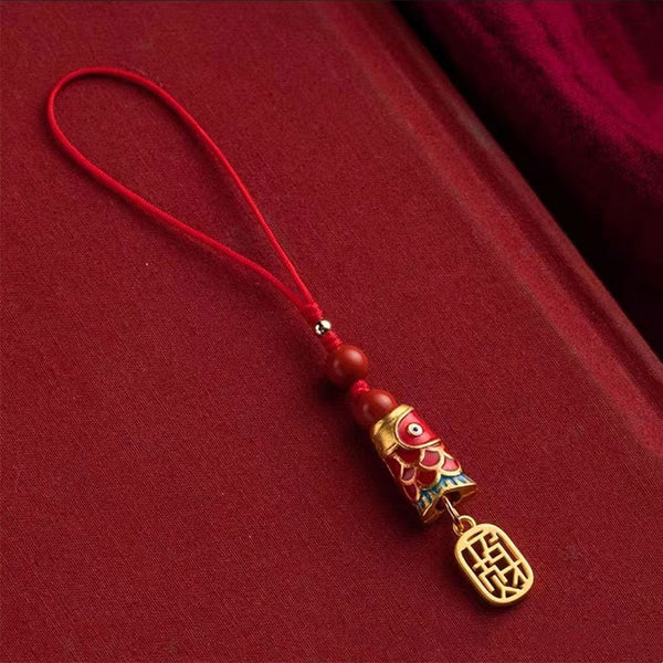 Koi Fish Cinnabar Ruyi Phone Charm – flat lay of complete phone charm set, red cinnabar koi and ruyi pieces