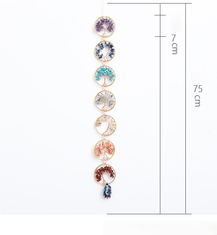 Chakra Tree of Life – wall hanging size chart showing 75cm length white background, crystal dimensions