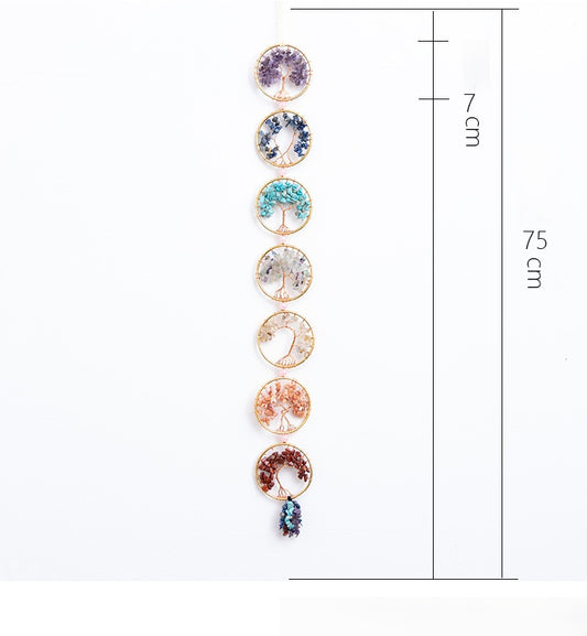 Chakra Tree of Life – wall hanging size chart showing 75cm length white background, crystal dimensions