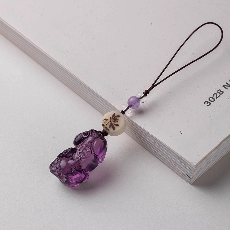 Amethyst Pi Yao Keychain – Phone Charm, front view, lucky charm