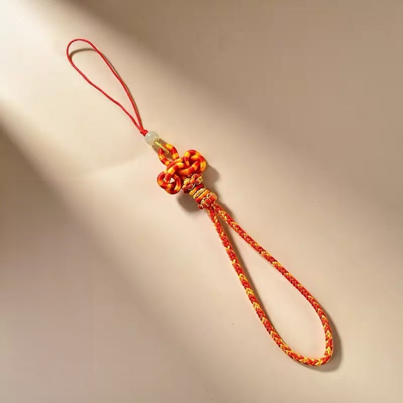 红黄色文昌结手机挂绳，配白玉珠和金色装饰