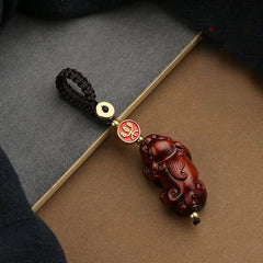 Red Sandalwood Pixiu Keychain for Car Keys, Lucky Charm Ornament