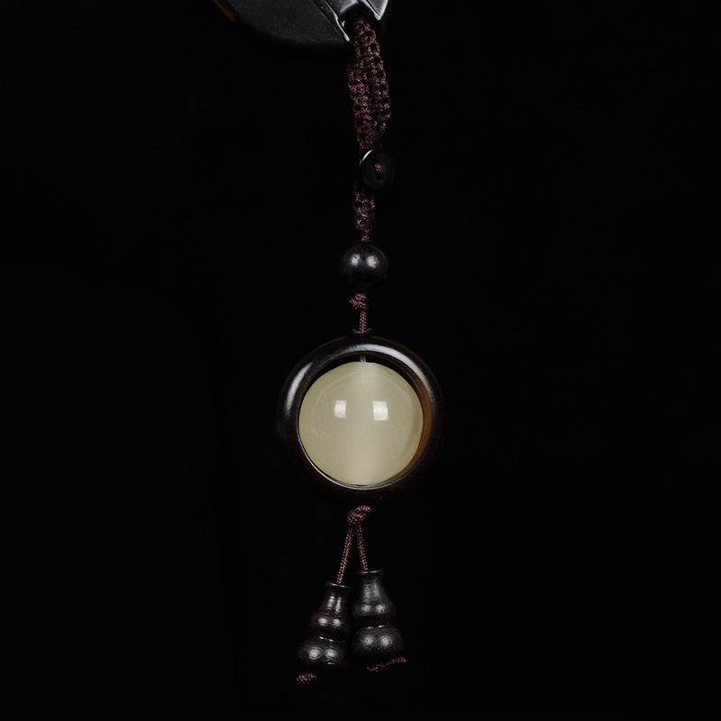 Feng Shui Sandalwood Keychain with Luminous Bead – Ebony black wood version with luminous bead and dark gourd charms