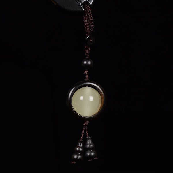 Feng Shui Sandalwood Keychain with Luminous Bead – Ebony black wood version with luminous bead and dark gourd charms
