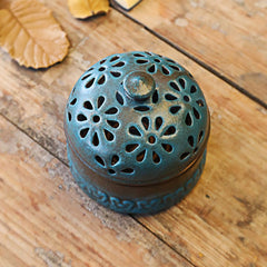 Mini Ceramic Incense Burner - Aged turquoise glaze with pierced daisy pattern, wabi-sabi decor