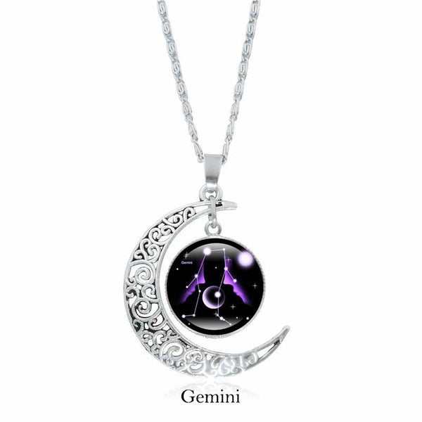 Zodiac Moon Protection Copper Necklace - Silver crescent moon with Gemini twin constellation cabochon in purple-violet hues on black cosmic background