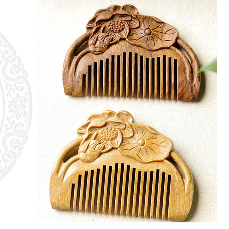 Green Sandalwood Lotus Leaf Engraved Soothing Comb, image 7