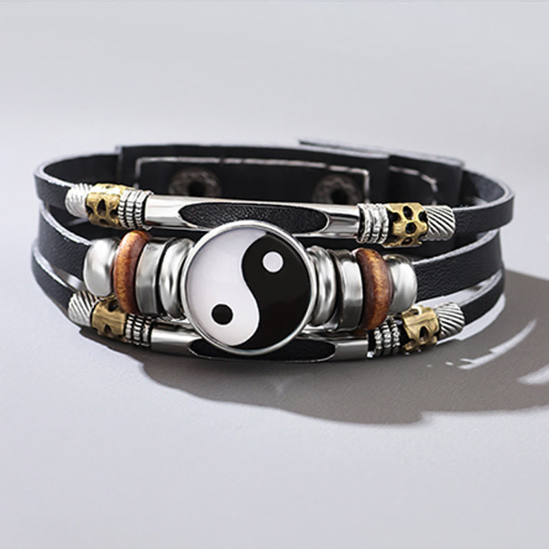 Yin Yang Leather Balance Bracelet - Coiled black leather with black white yin-yang centerpiece, layered wrap