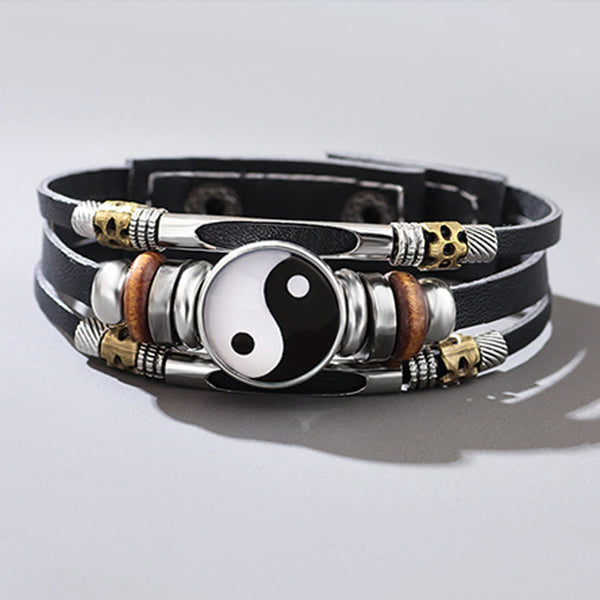 Yin Yang Leather Balance Bracelet - Coiled black leather with black white yin-yang centerpiece, layered wrap