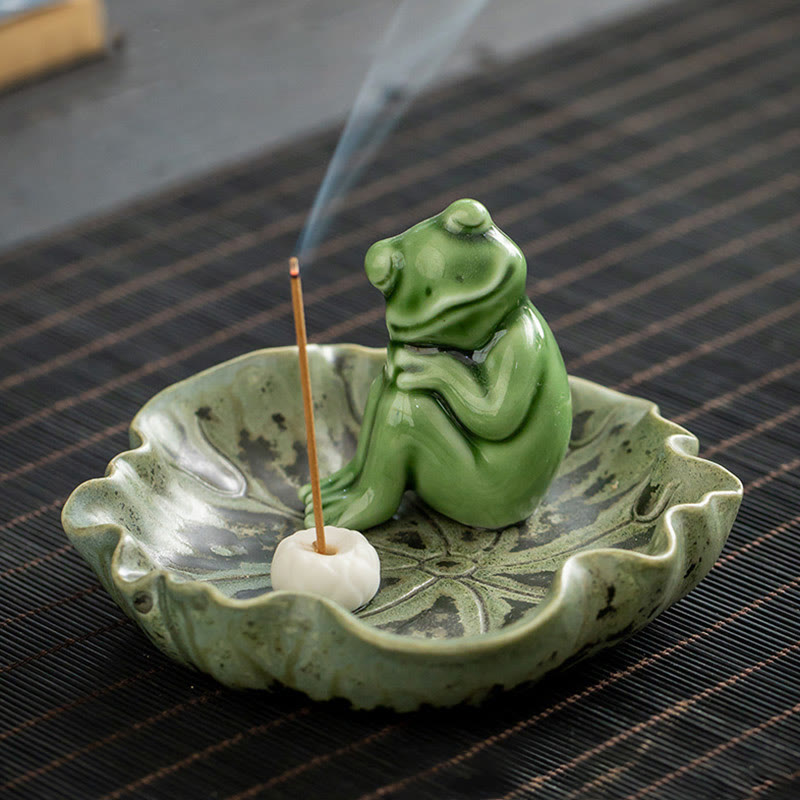 Ceramic Frog Incense Burner – Close-up with hand holding incense, Intimate scale