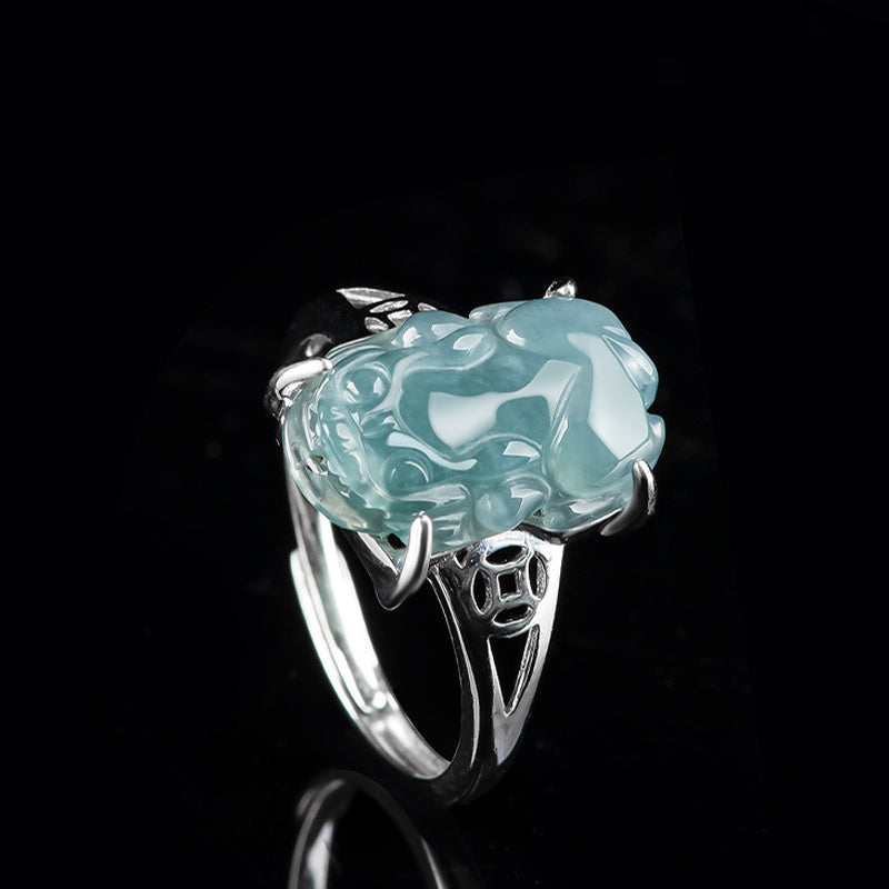 925 Sterling Silver Jade PiXiu Luck Ring – Dramatic side view of jade PiXiu ring on black with reflection