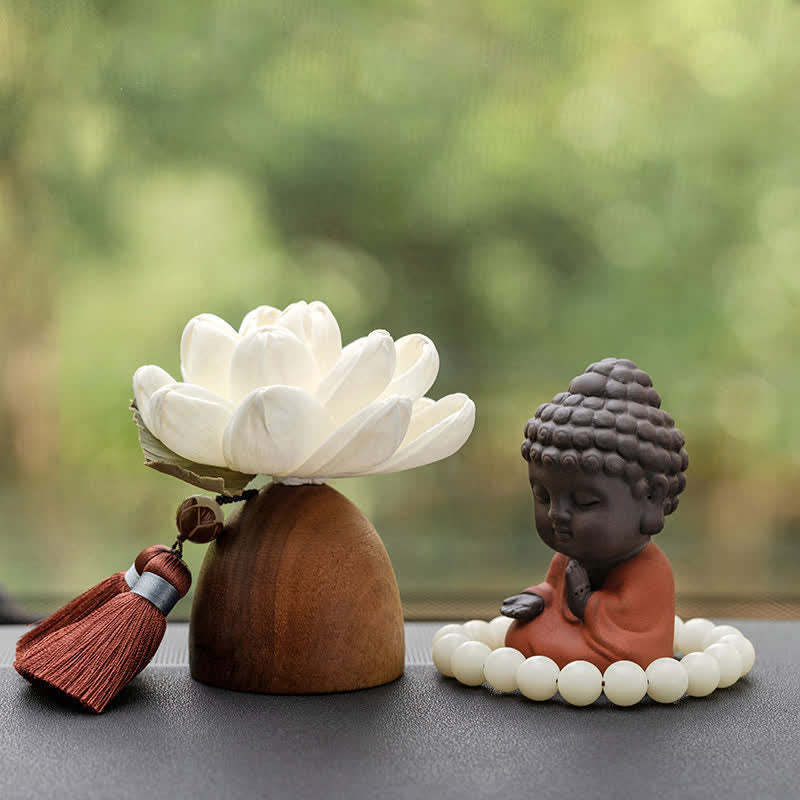 Black Peach Wood Buddha Flower Decoration – side profile carved curls and earlobes, handcrafted woodwork