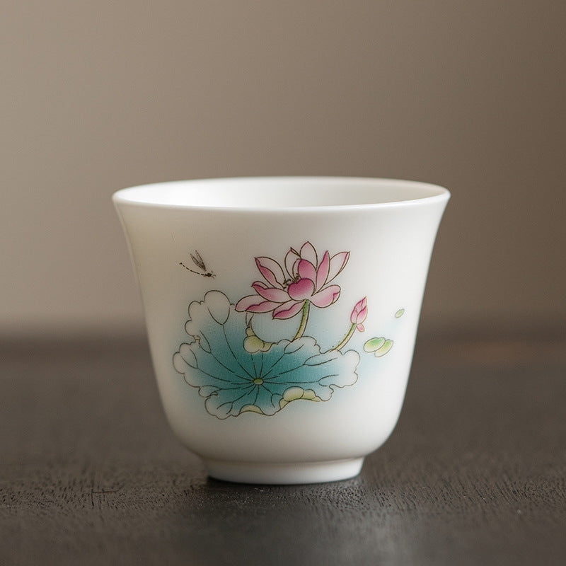 Ceramic Kung Fu Tea Cup – lotus flower with teal leaves and dragonfly on ivory porcelain, hand-painted