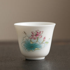 Ceramic Kung Fu Tea Cup – lotus flower with teal leaves and dragonfly on ivory porcelain, hand-painted