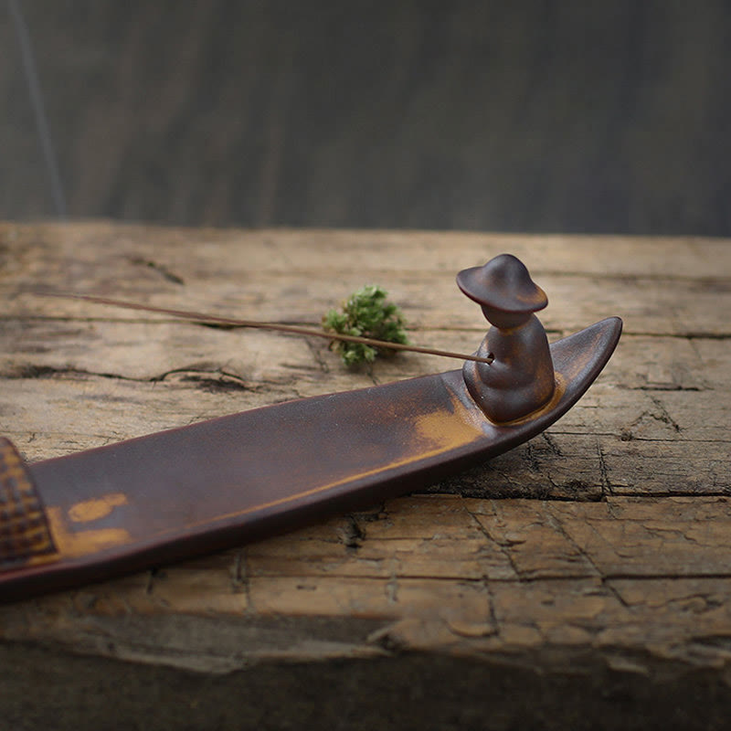 Lonely Fisherman Incense Burner – Close-up boat with fisherman and moss on weathered wood, healing
