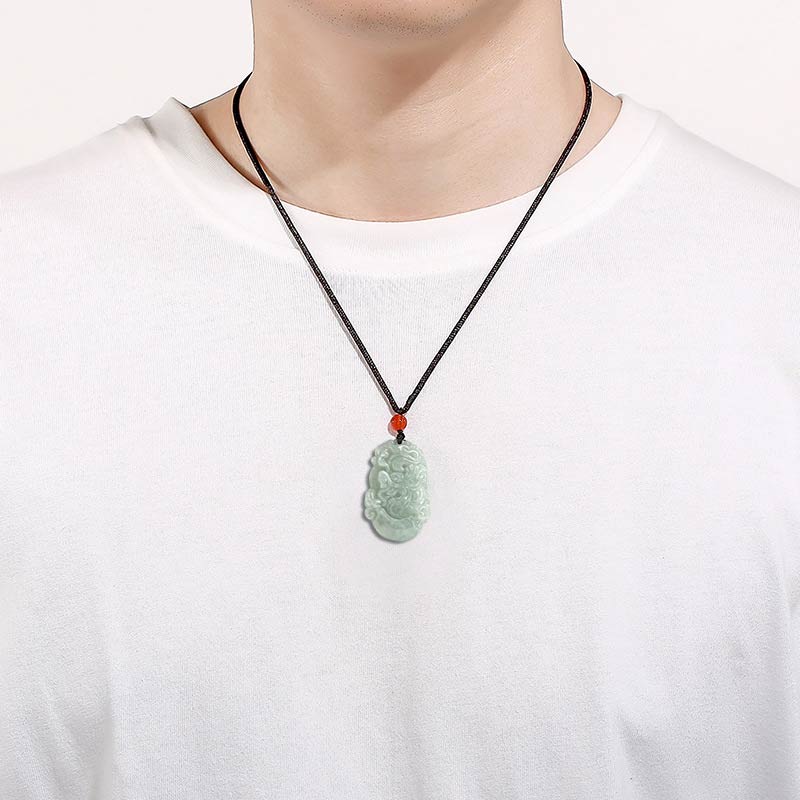 Natural Jade Chinese Zodiac Pendant – Dragon necklace on male model, bold style