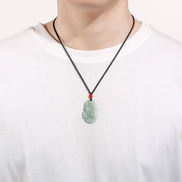 Natural Jade Chinese Zodiac Pendant – Dragon necklace on male model, bold style