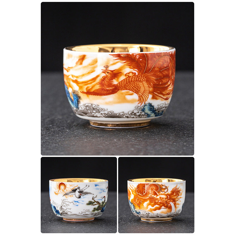 Dragon Phoenix Crane Gilt Ceramic Teacup – close-up of gold interior and rim detail showing hand-painted dragon exterior, macro luxury