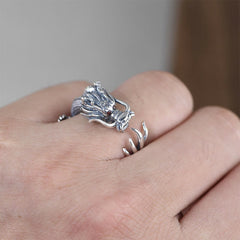 925 Sterling Silver Dragon Ring – Worn on finger showing oxidized silver dragon with red eye detail, Striking
