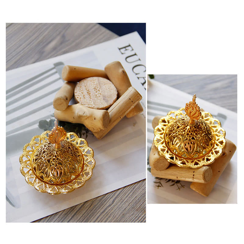Gold Alloy Mini Incense Burner – dual angle detail of lace-edge filigree lid on rustic wood log stand, gold incense burner