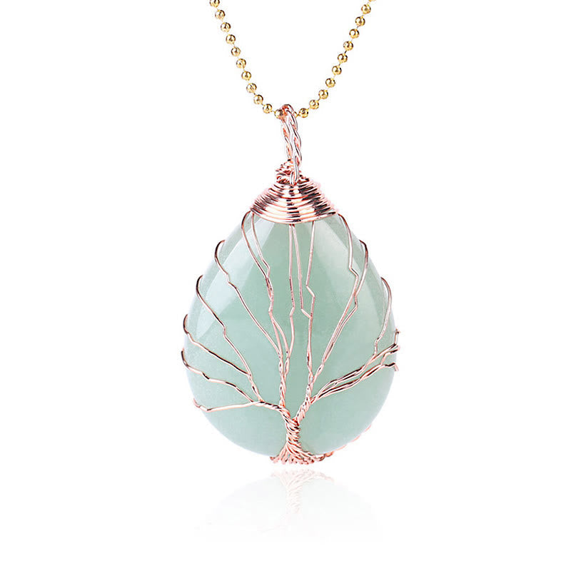 Quartz Crystal Tree of Life Necklace – green aventurine teardrop pendant, rose gold wire, white background