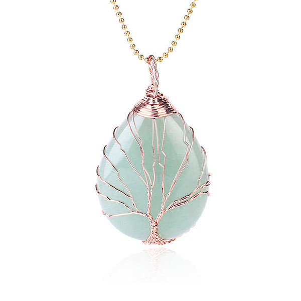 Quartz Crystal Tree of Life Necklace – green aventurine teardrop pendant, rose gold wire, white background