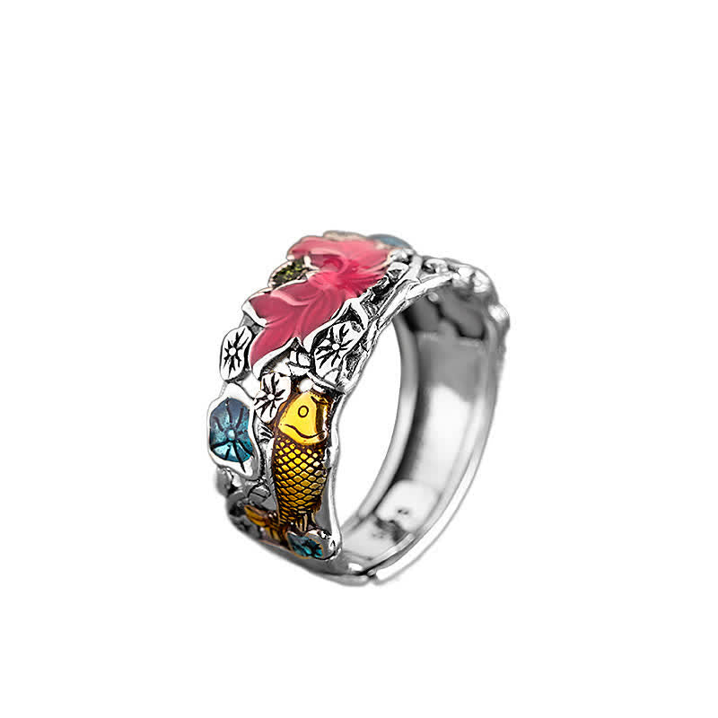 Sterling Silver Lotus Koi Ring - Pink lotus golden koi and blue lily pads on white, luck ring