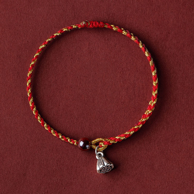 Red Gold Rope Lotus Braid Bracelet - full circle view with lotus pod and dark stone bead