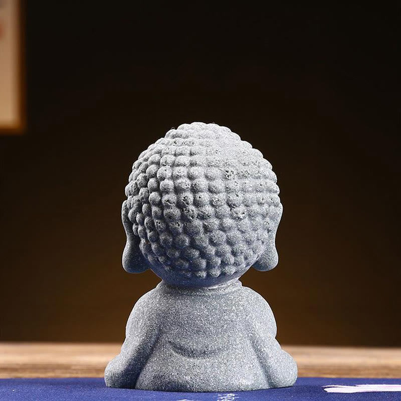 Meditation Praying Buddha Statue – statue on teak wood stand with candle, meditation room setup
