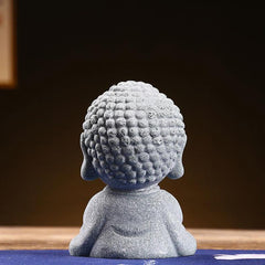 Meditation Praying Buddha Statue – statue on teak wood stand with candle, meditation room setup