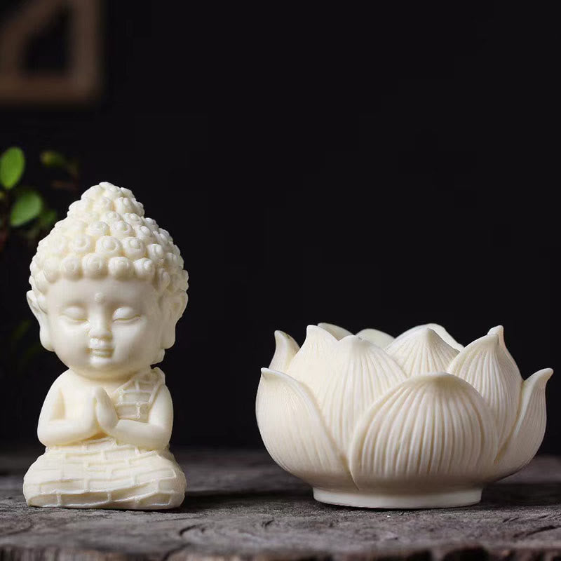 Mini Ivory Fruit Buddha Lotus Serenity Desk Decoration – Miniature Buddha figurine carved from ivory fruit, serene workspace