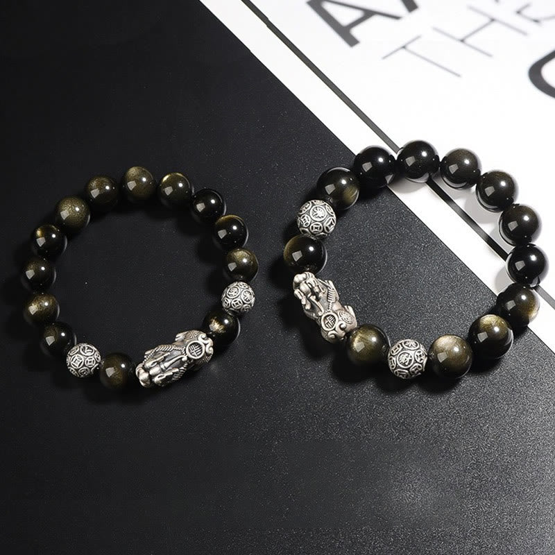 Gold Sheen Obsidian PiXiu Bracelet – Two matching bracelets side by side on black background, couple set